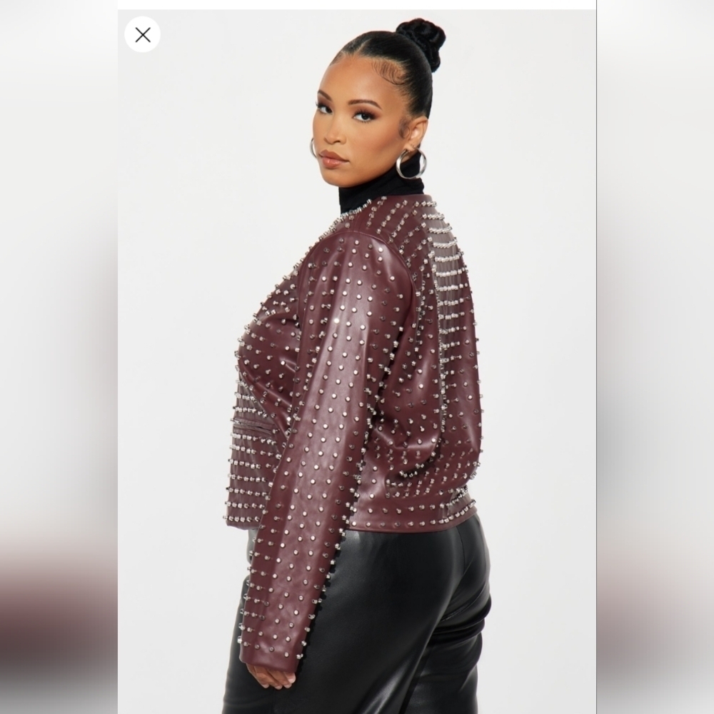 Fashion Nova Run This Town Studded Faux Leather Jacket Wine Size 1X(14/16)(NWOT) - Picture 4 of 10